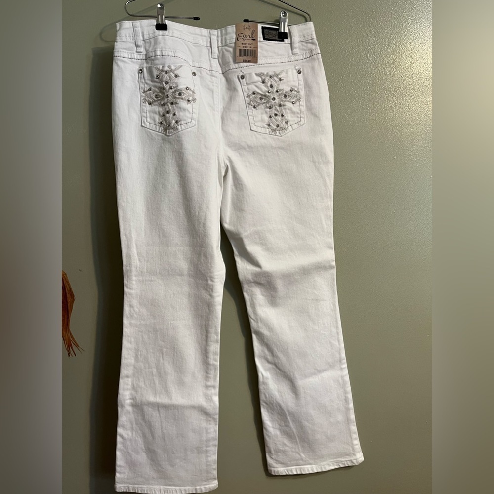 Earl Jeans Womens Flare Boot Cut White Jeans Rhinestones Pockets Stretch Sz 16
